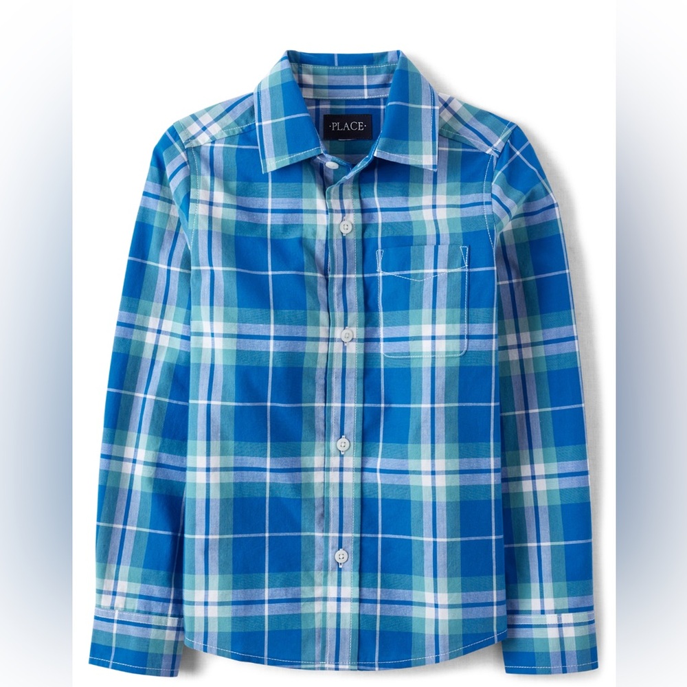Children’s Place plaid poplin button up shirt blue/green & white Size small 5/6